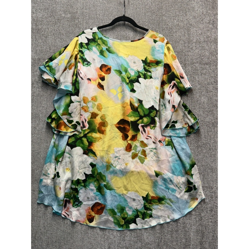 Melissa McCarthy Floral Layered Chiffon Blouse Ruffle Sleeve 3X Yellow Blue
